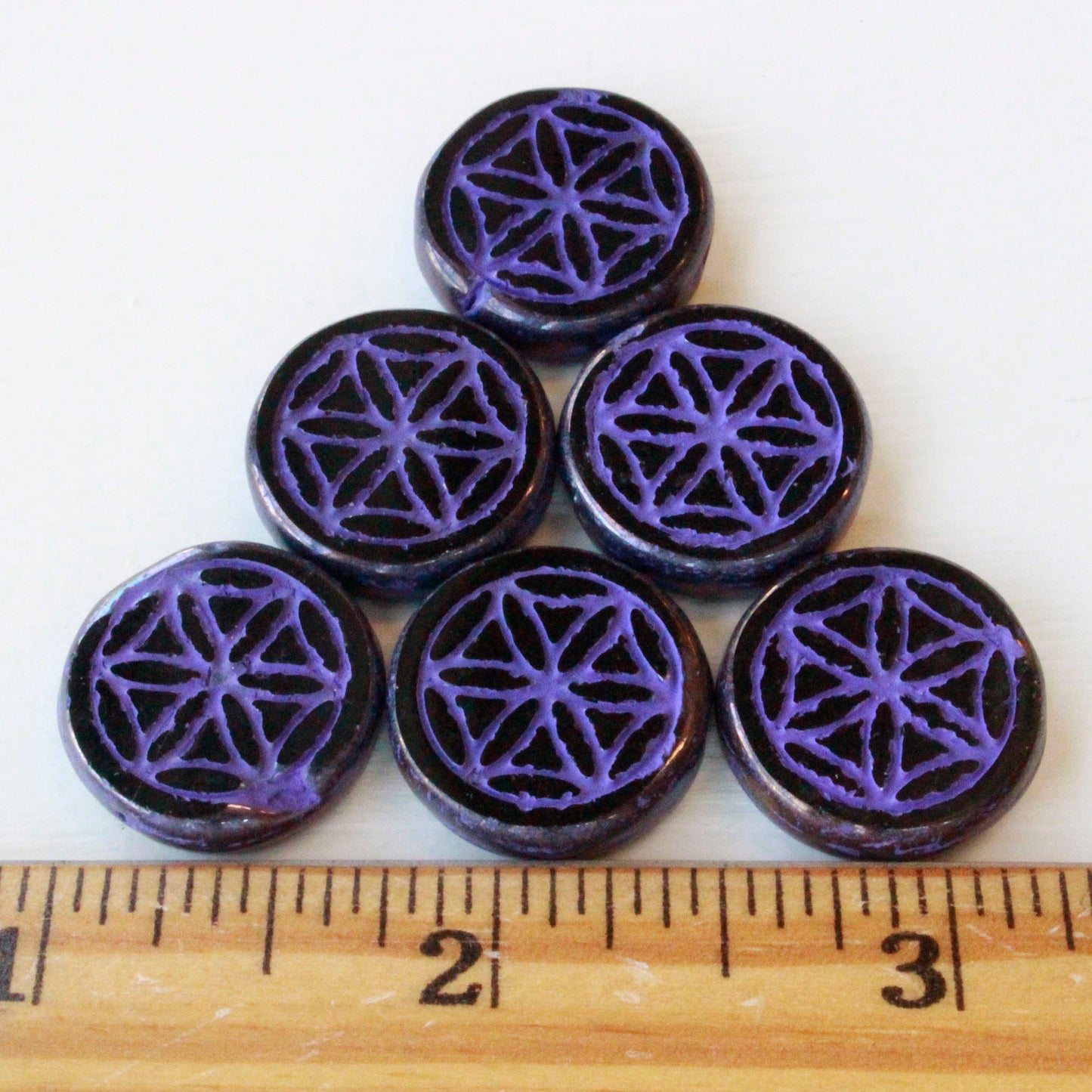 19mm Flower of Life Coin Bead - Black with Purple Wash - Choose Amount