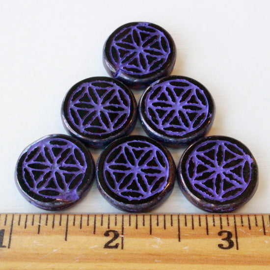Load image into Gallery viewer, 19mm Flower of Life Coin Bead - Black with Purple Wash - Choose Amount
