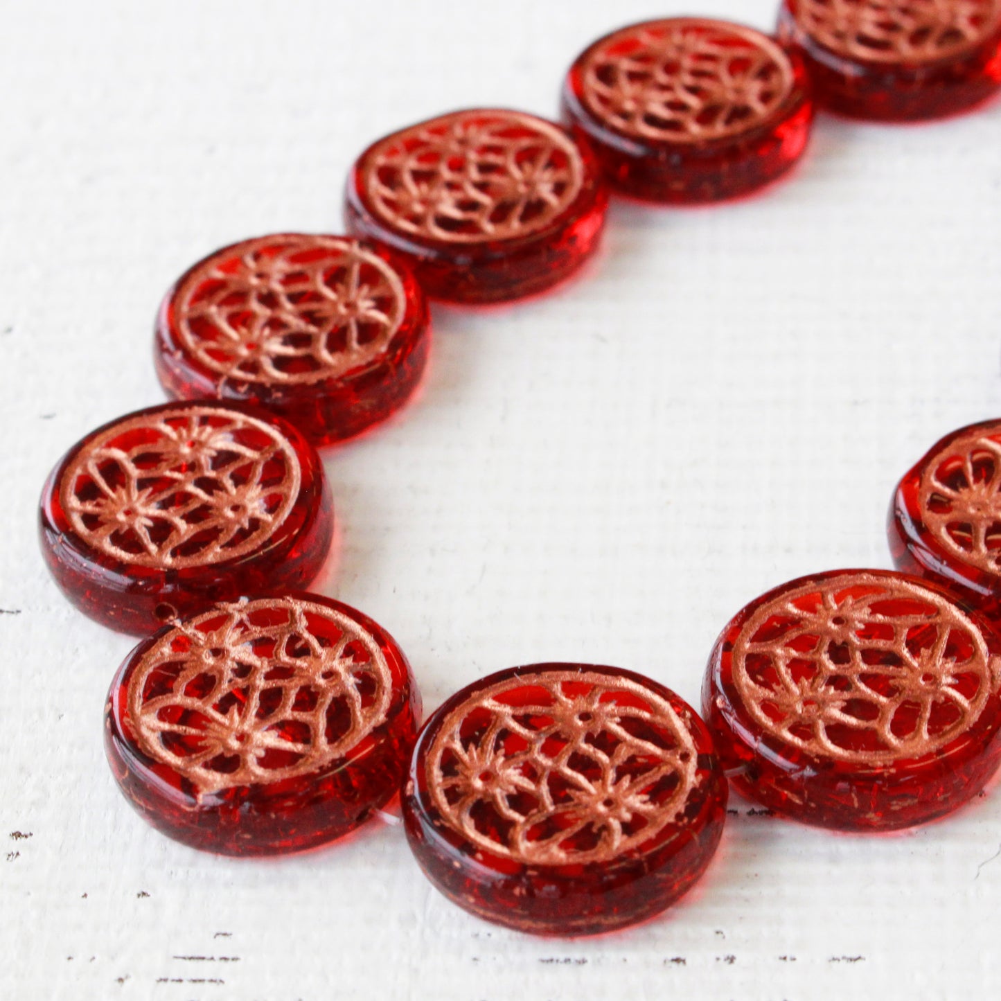 19mm Flower Coin - Red with Gold Wash - 6 Beads