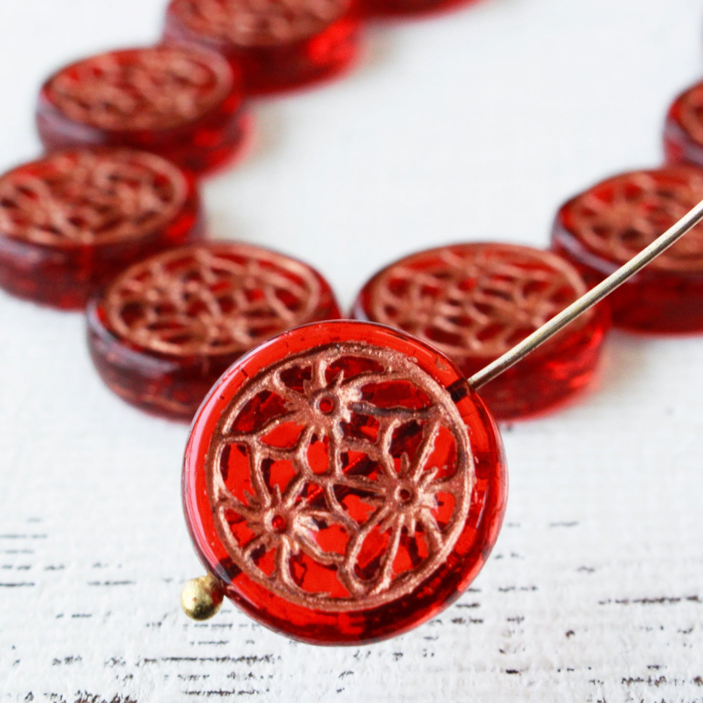 19mm Flower Coin - Red with Gold Wash - 6 Beads