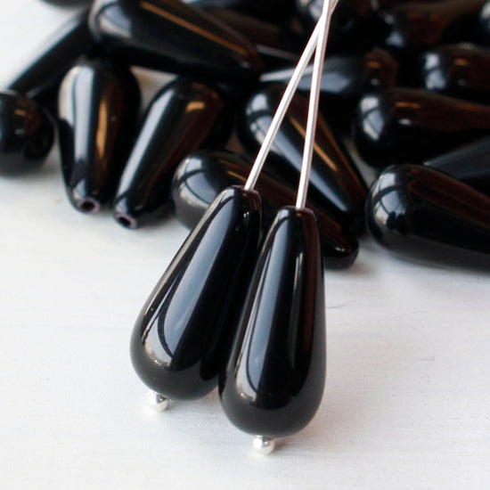 9x20mm Long Drilled Drops - Opaque Black - 20 Beads