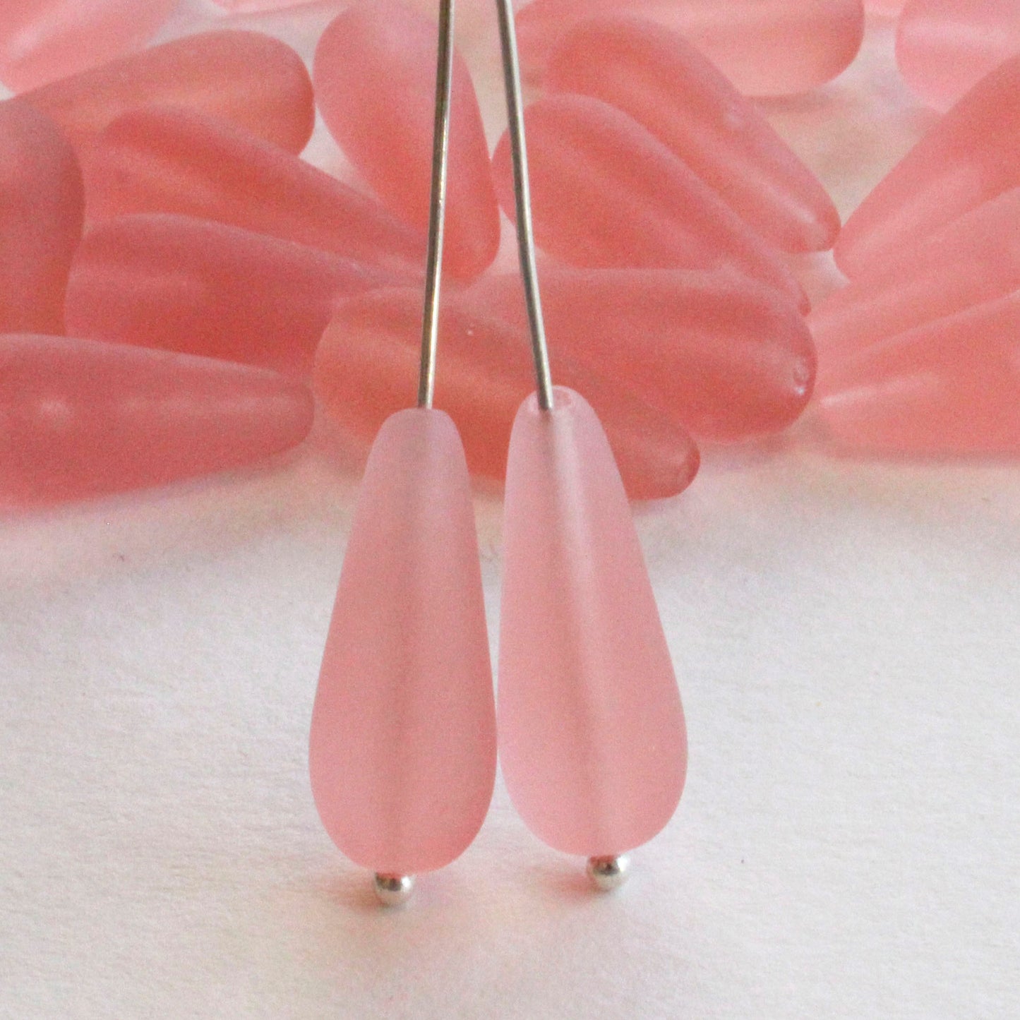 9x20mm Glass Teardrop Beads - Pink Rosaline Matte - 20 Beads