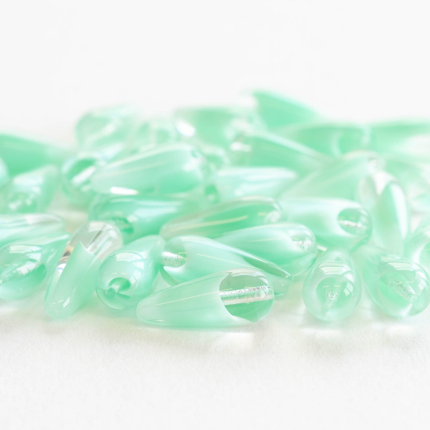 9x20mm Glass Teardrops - Green Marble - 20 Beads