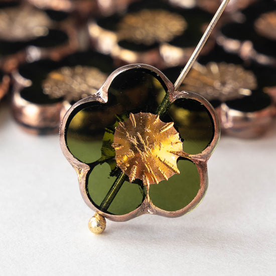 Load image into Gallery viewer, 21mm Flower Beads - Olive Green with a  Coppery Gold Center - 2 or 6 beads
