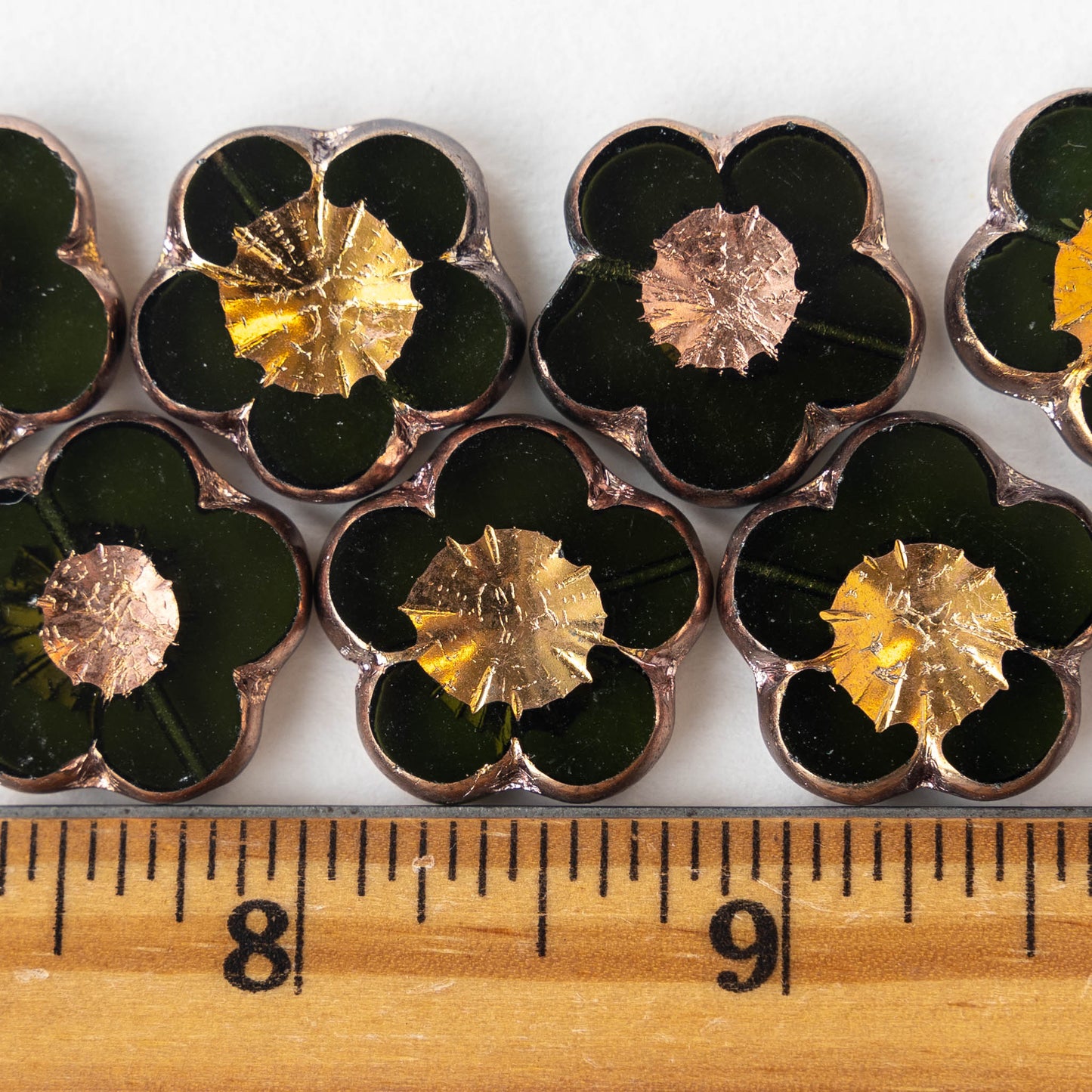 Load image into Gallery viewer, 21mm Flower Beads - Olive Green with a  Coppery Gold Center - 2 or 6 beads
