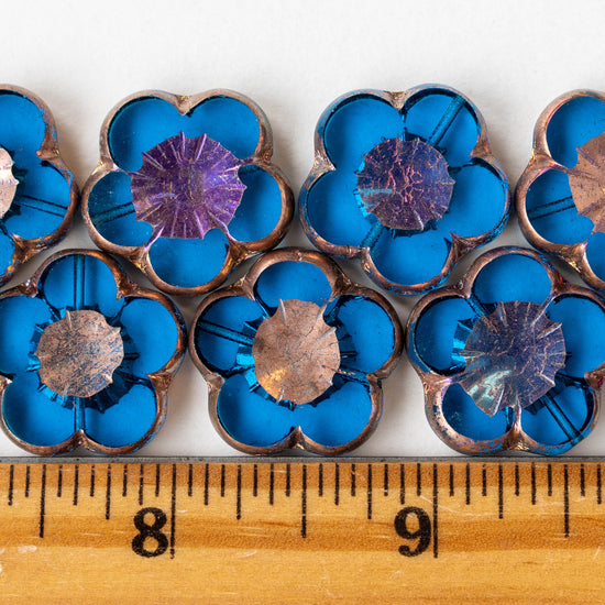 21mm Flower Beads - Azure Blue with a Copper Finish - 2 or 6 beads
