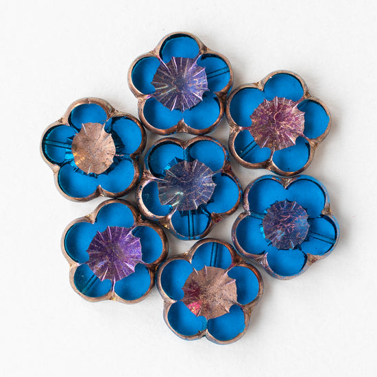21mm Flower Beads - Azure Blue with a Copper Finish - 2 or 6 beads