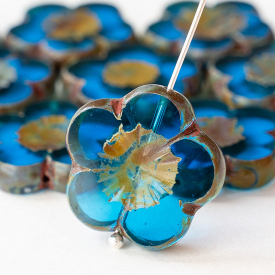 21mm Flower Beads - Aqua Blue - 2 or 6 beads