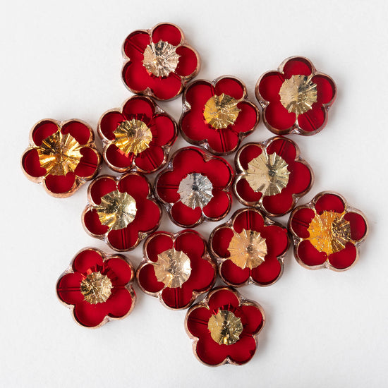 21mm Flower Beads - Red with a Gold Center - 2 or 6 beads