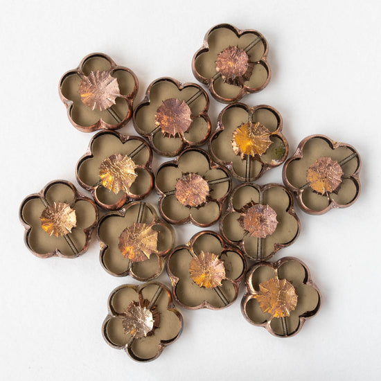 21mm Flower Beads - Smokey Topaz with a Copper Center - 2 or 6 beads