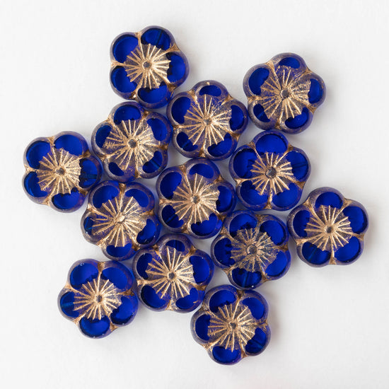 21mm Hibiscus Flower Beads - Cobalt Blue with Gold Wash  - 2 or 6