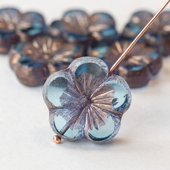 Load image into Gallery viewer, Hibiscus Flower Beads - Blue with Copper Wash - 2 or 6 beads
