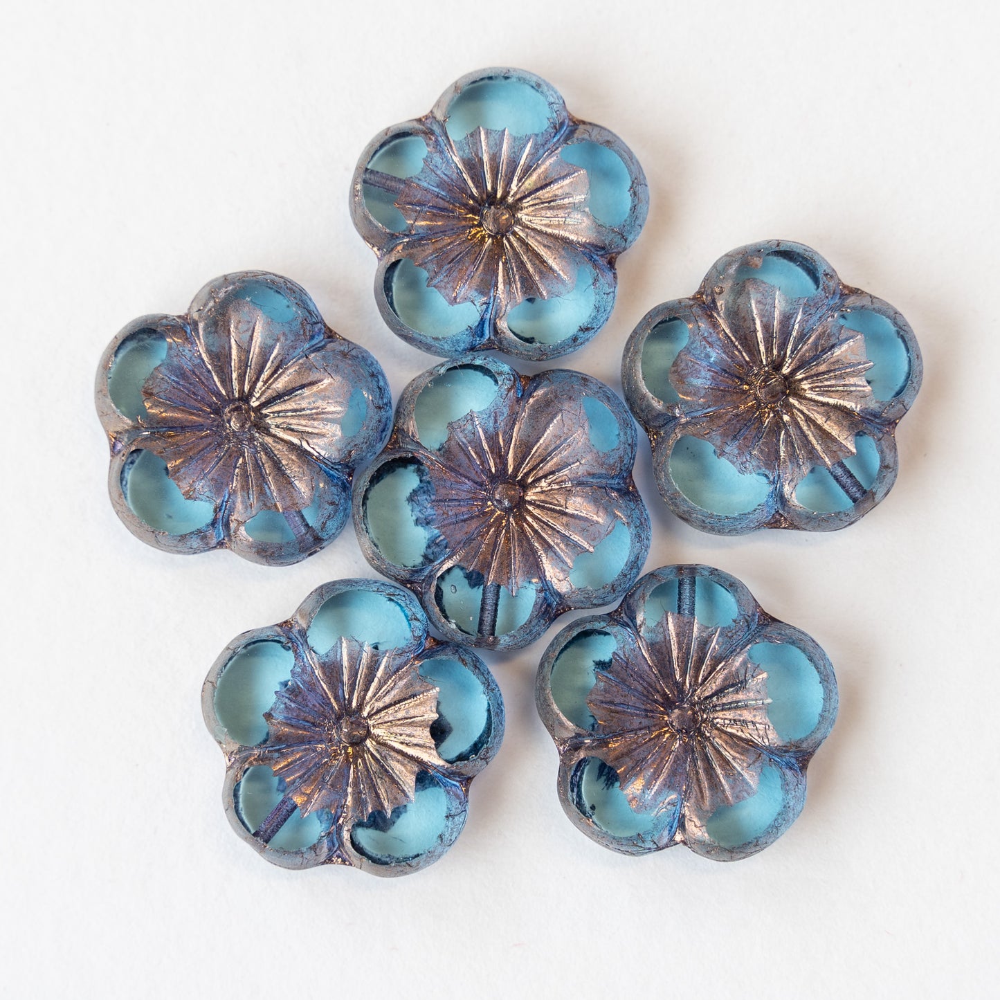Load image into Gallery viewer, Hibiscus Flower Beads - Blue with Copper Wash - 2 or 6 beads
