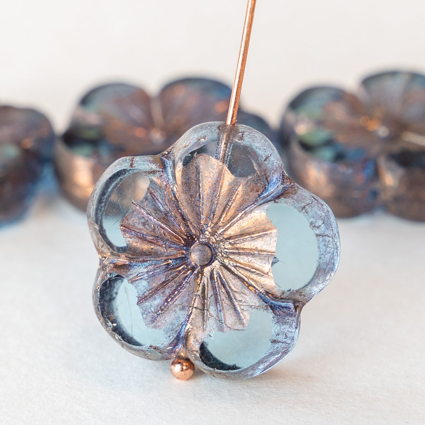 Hibiscus Flower Beads - Blue with Copper Wash - 2 or 6 beads