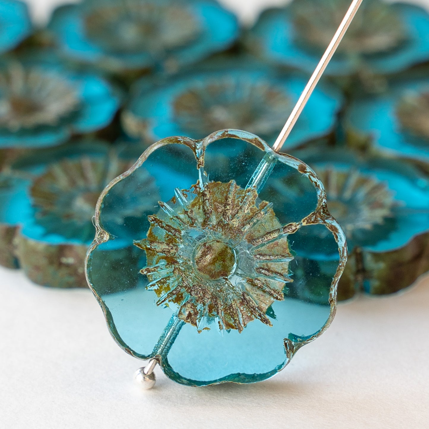 22mm Flower Beads - Transparent Aqua Blue - 2 or 6 beads