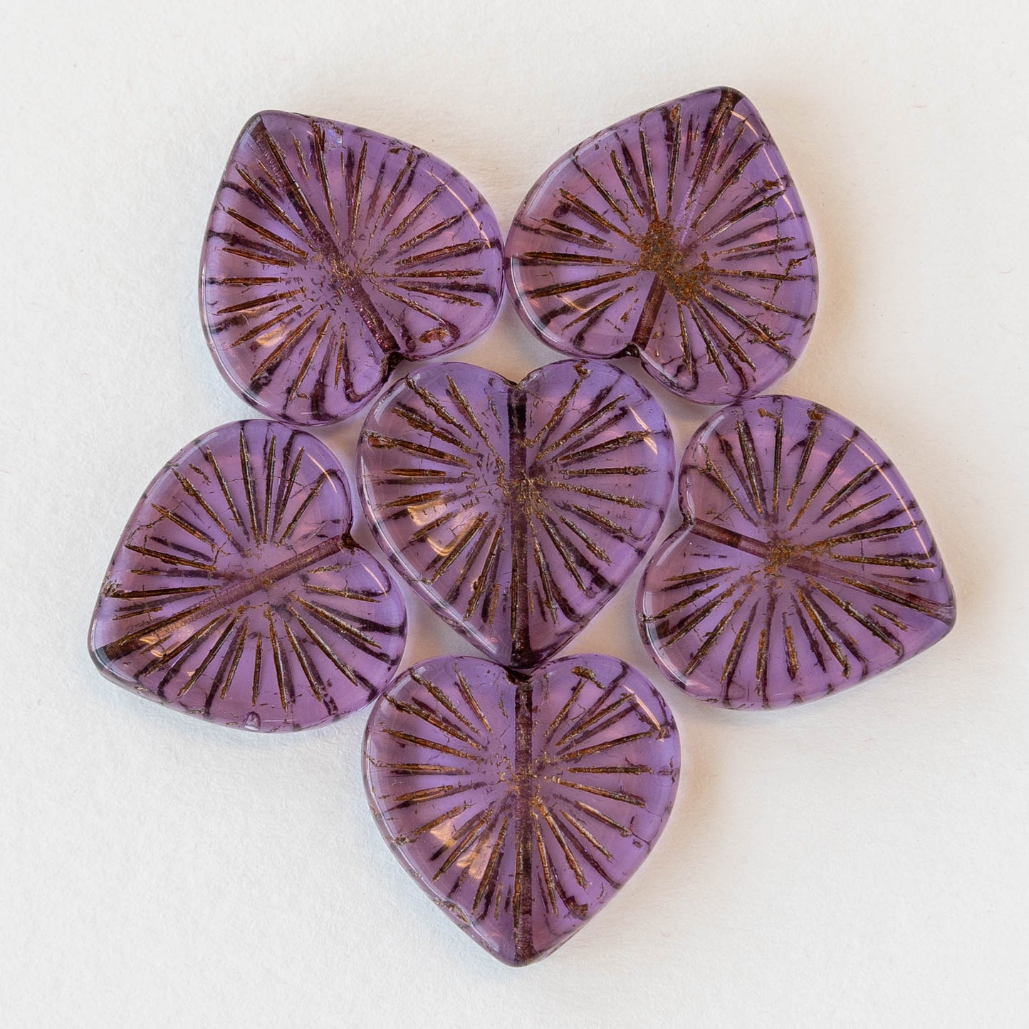 22mm Glass Heart Beads - Transparent Purple with a Bronze Wash - 4