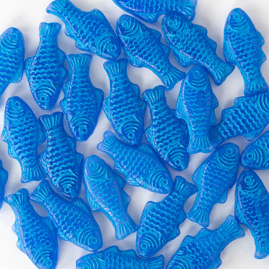 Glass Fish Beads - Blue with Aqua Wash - 6 or 12