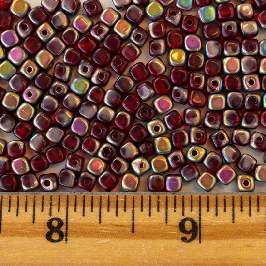 3.5mm Glass Cube Beads - Red with a Metallic Finish - 100 beads