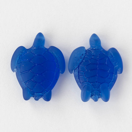 Large Frosted Glass Turtle Pendants - Cobalt Blue - 2 Beads