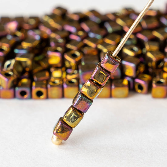 3mm Miyuki Cube Beads - Metallic Gold Iris  Beads