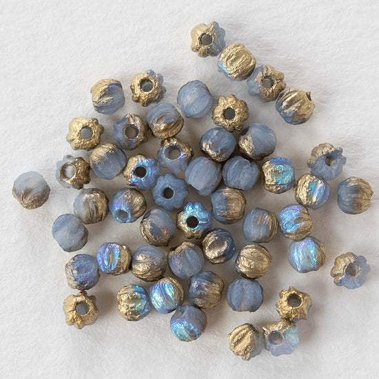 3mm Melon Beads - Etched Cornflower Blue with Gold - 50 Beads