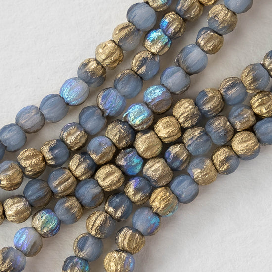 3mm Melon Beads - Etched Cornflower Blue with Gold - 50 Beads