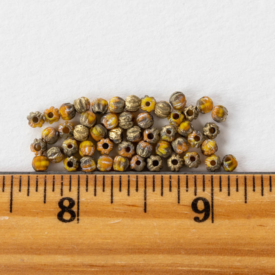 Load image into Gallery viewer, 3mm Melon Beads - Etched Orange Yellow with a Gold Finish - 50 Beads
