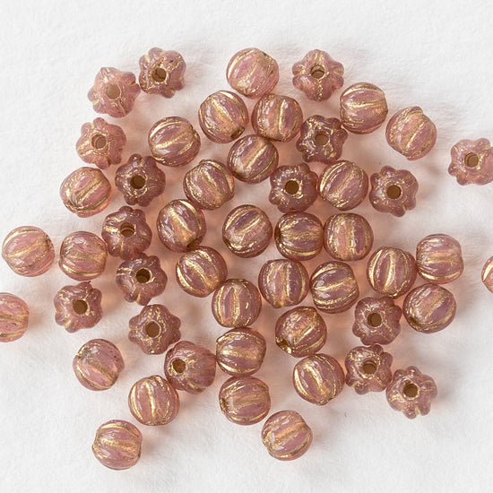 3mm Melon Beads - Dusty Rose with Gold Wash - 50 Beads