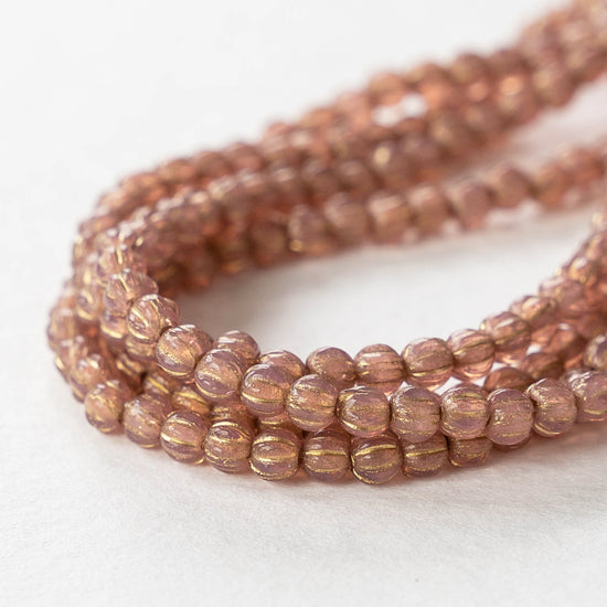 3mm Melon Beads - Dusty Rose with Gold Wash - 50 Beads