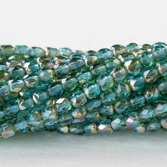 3mm Round Firepolished Beads - Aquamarine Celsian - 100 beads