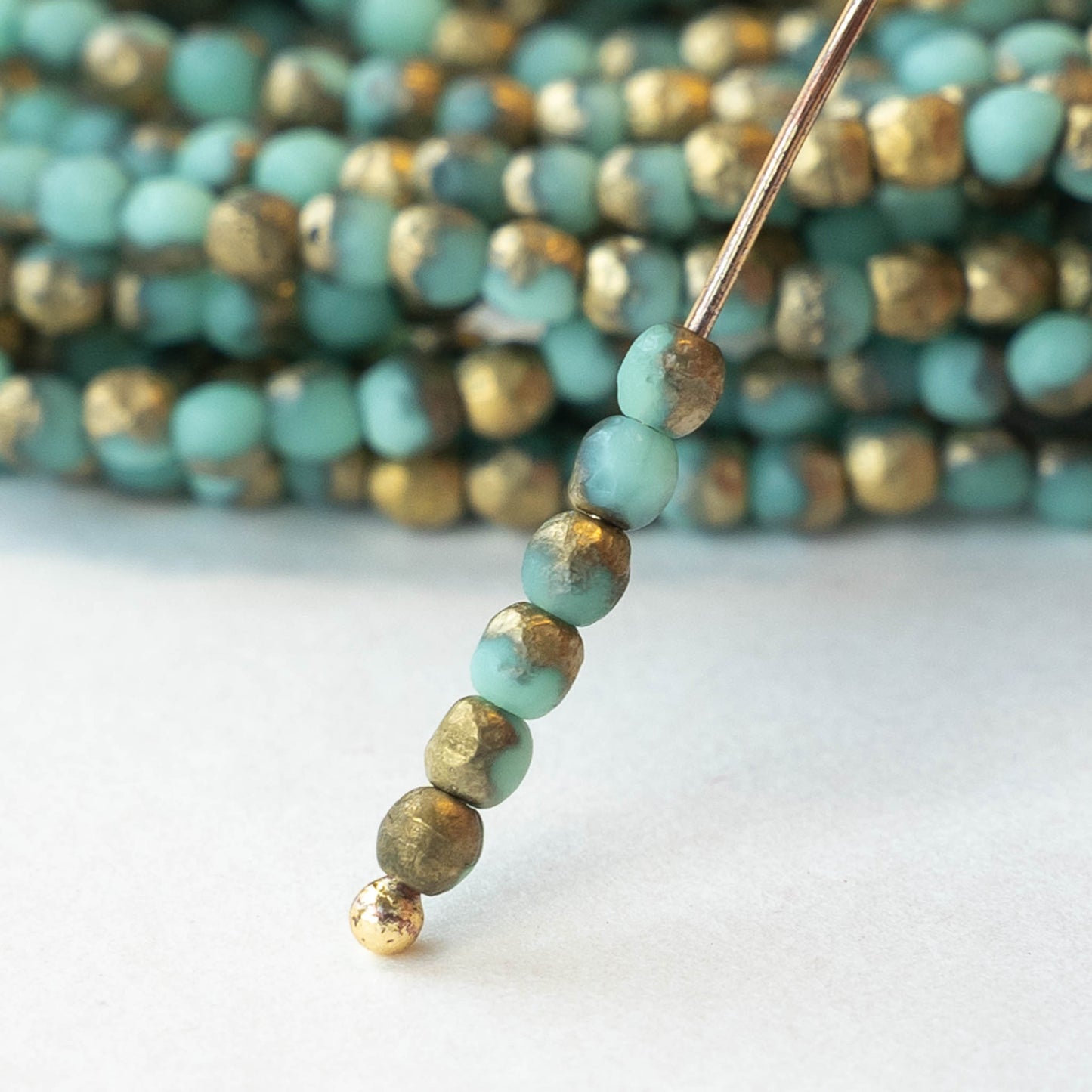 3mm Round Firepolished Beads - Opaque Seafoam with Etched Gold - 50 Beads