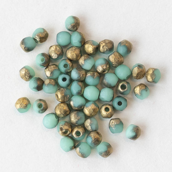 3mm Round Firepolished Beads - Opaque Seafoam with Etched Gold - 50 Beads