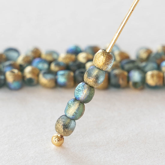 3mm Round Glass Beads - Etched Aqua Blue with AB and Gold - 100 Beads