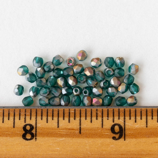 3mm Round Firepolished Beads - Teal Matte with AB - 100 Beads