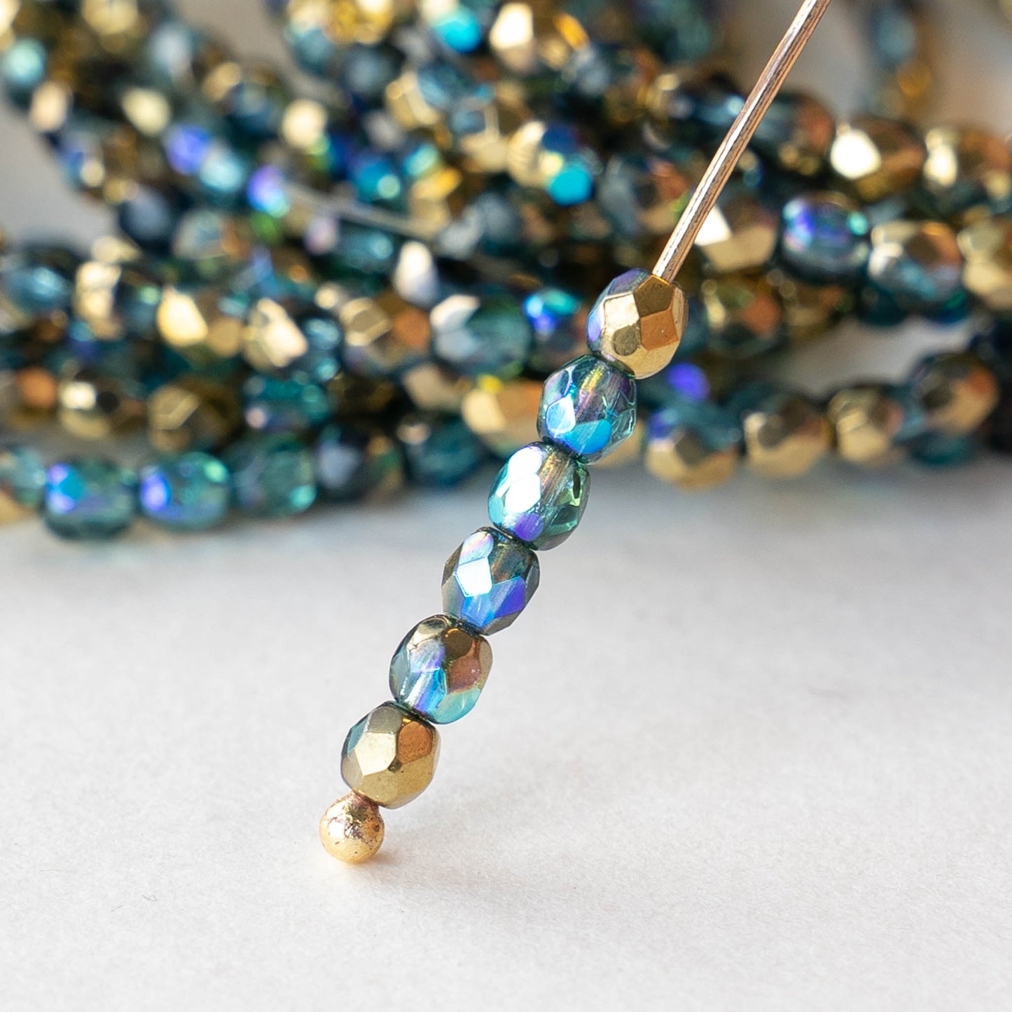 3mm Round Firepolished Beads - Blue Green with Gold Luster AB - 50 Beads
