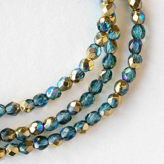 3mm Round Firepolished Beads - Blue Green with Gold Luster AB - 50 Beads