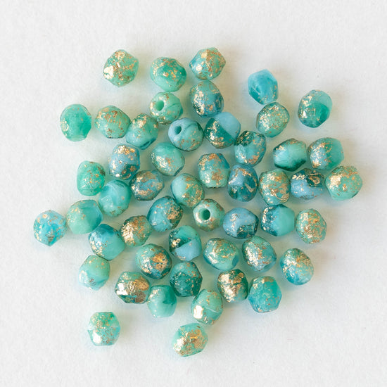 4mm Round Firepolished Beads - Aqua Mix with Gold Dust - 50 Beads