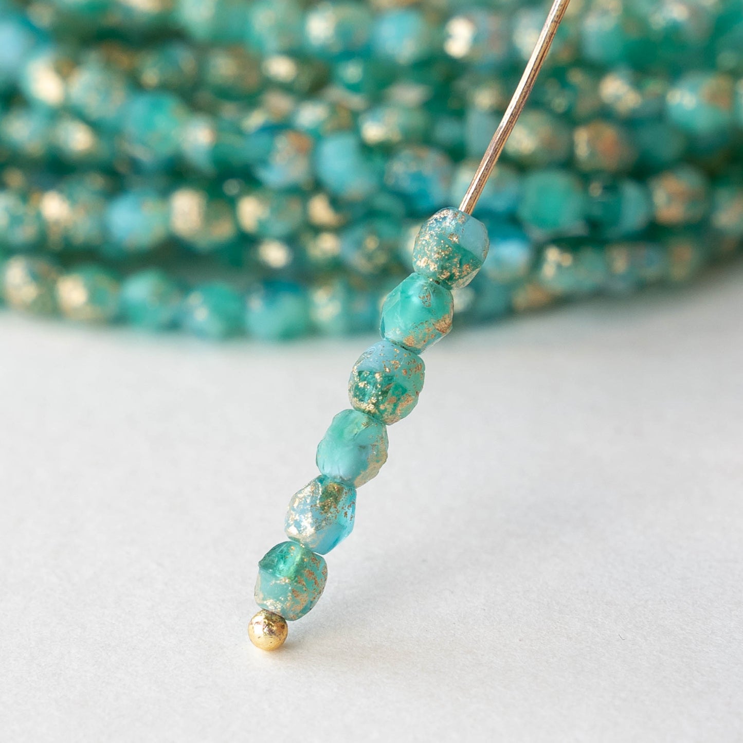 4mm Round Firepolished Beads - Aqua Mix with Gold Dust - 50 Beads