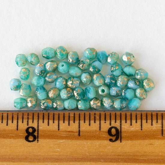 4mm Round Firepolished Beads - Aqua Mix with Gold Dust - 50 Beads