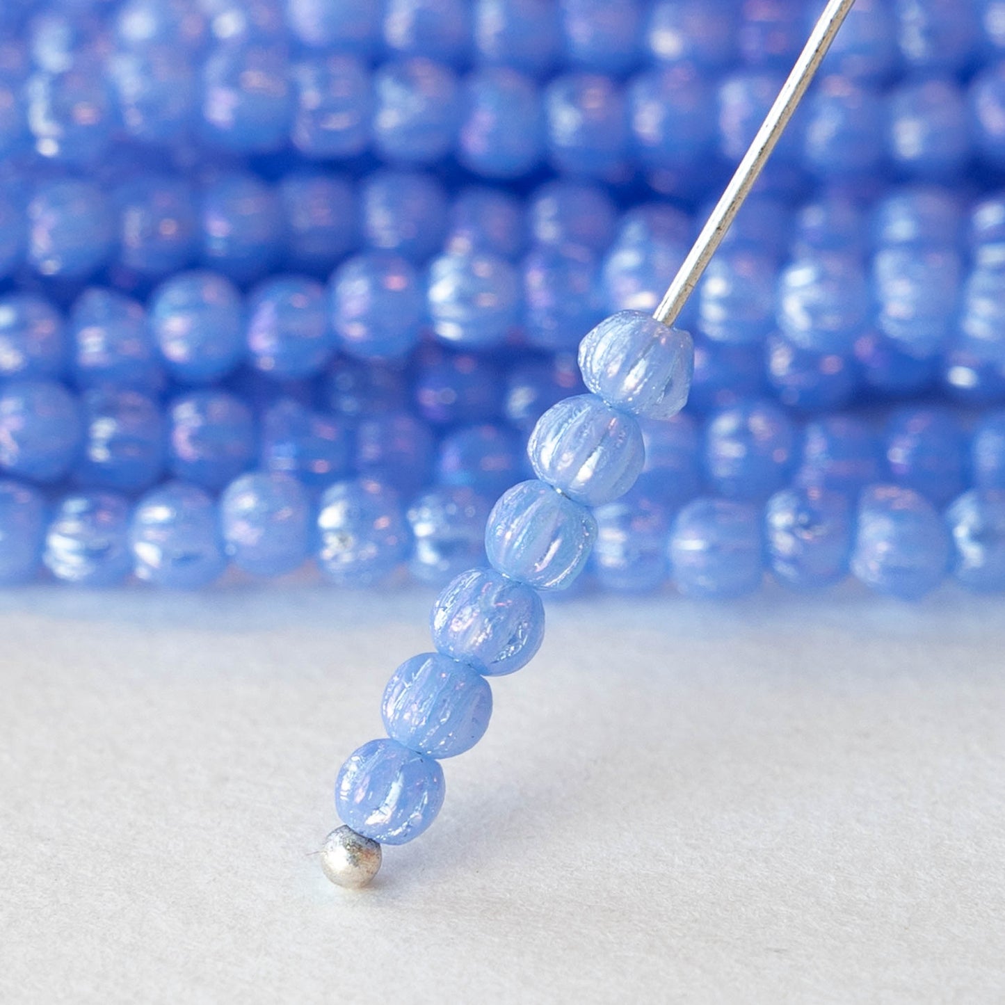 3mm Melon Beads - Milky Light Sapphire Luster AB - 100 Beads