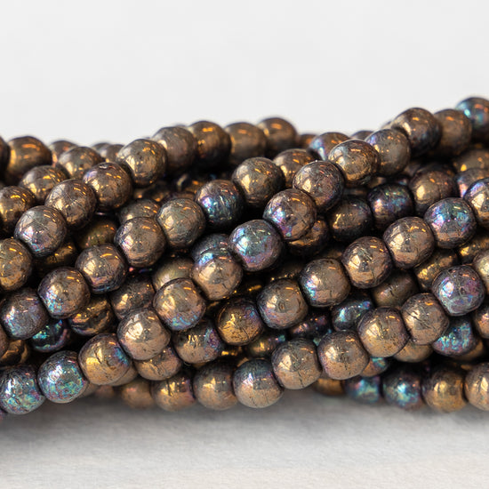 3mm Round Glass Beads - Oxidized Bronze Clay - 100 Beads