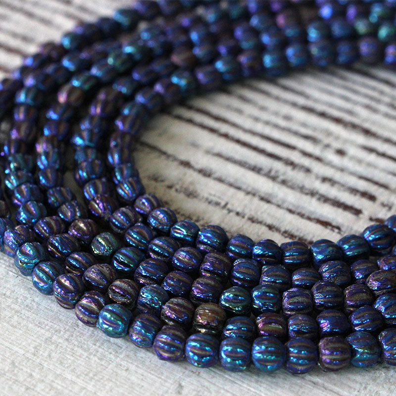 3mm Melon Beads - Blue Iris - 100 Beads