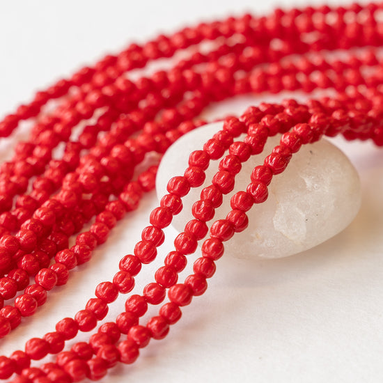 3mm Glass Melon Beads - Opaque Red - 100 Beads
