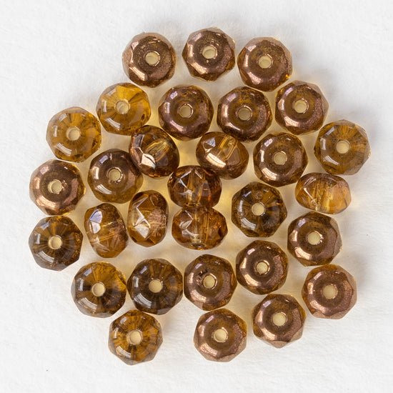 3x5mm Firepolished Rondelles - Transparent Amber with Bronze Finish - 30