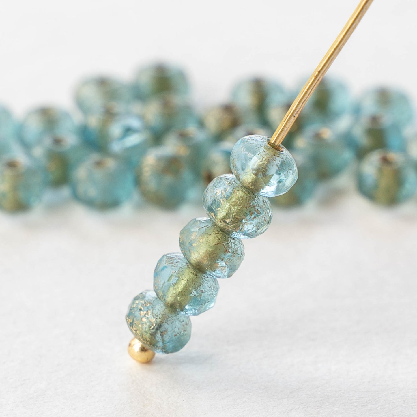 3x5mm Rondelle - Baby Blue Etched Finish with Gold Wash - 30 Beads