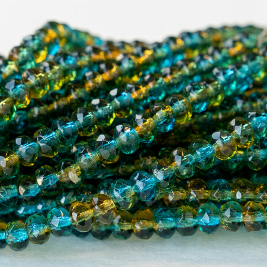 3x5mm Firepolished Rondelles - Amber and Teal - 33 Beads