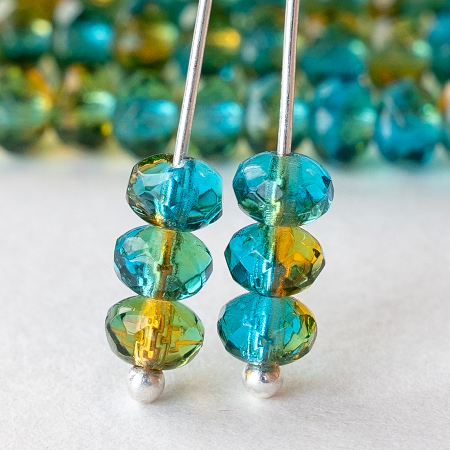 3x5mm Firepolished Glass Rondelles - Amber and Teal - 50 Beads