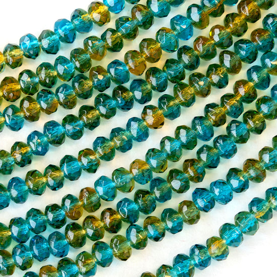 3x5mm Firepolished Rondelles - Amber and Teal - 33 Beads