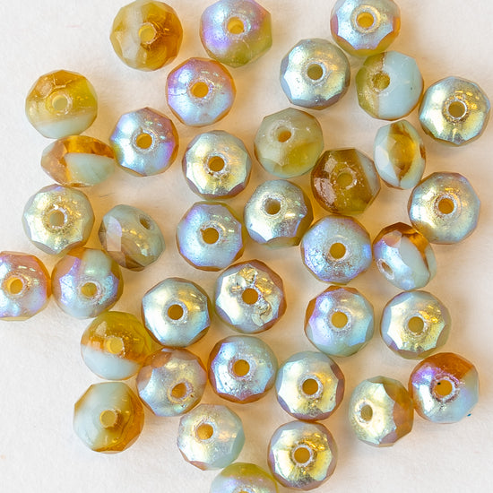 Load image into Gallery viewer, 3x5mm Firepolished Rondelles - Light Amber and Seafoam - 37 Beads
