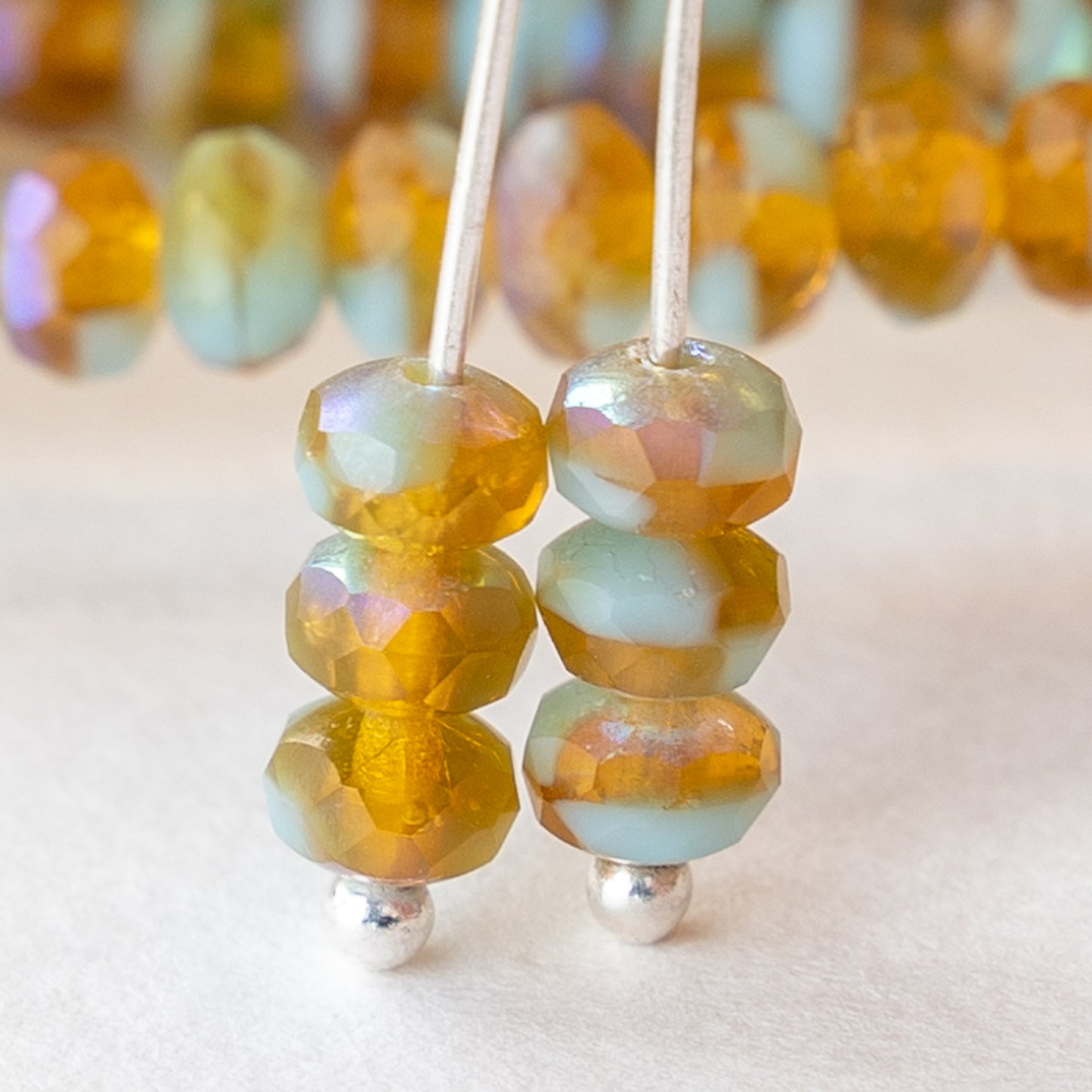 Load image into Gallery viewer, 3x5mm Firepolished Rondelles - Light Amber and Seafoam - 37 Beads
